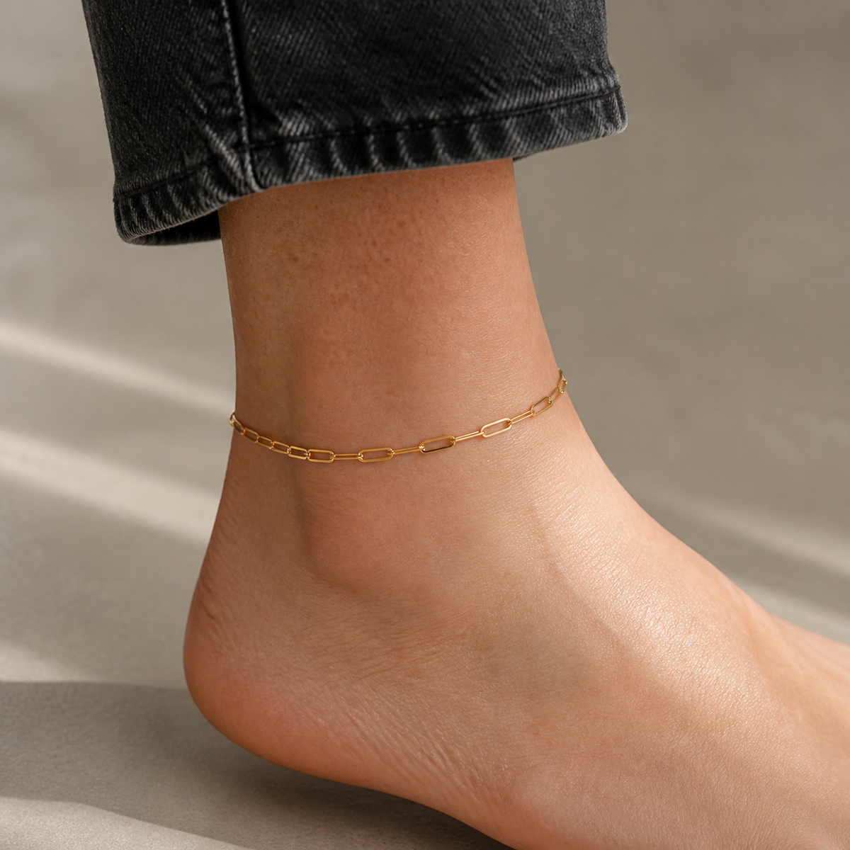 Paperclip Chain Anklet — Waterproof Gold worn on model