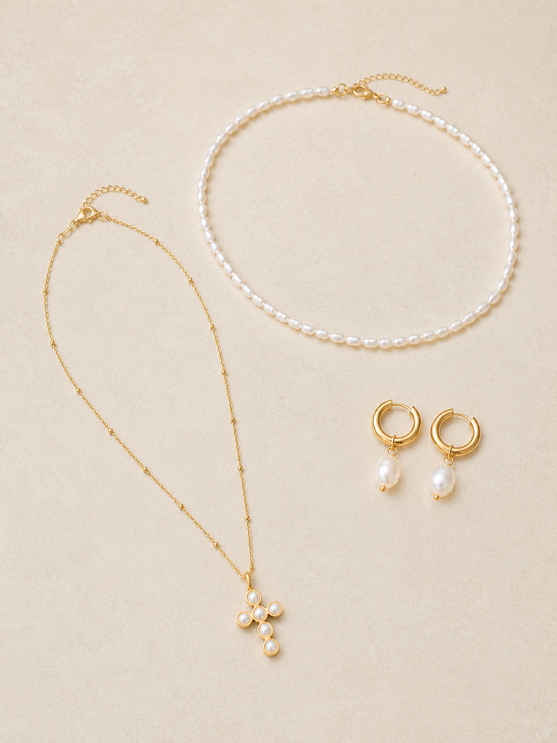 Pearl Gaze jewelry set — flat lay