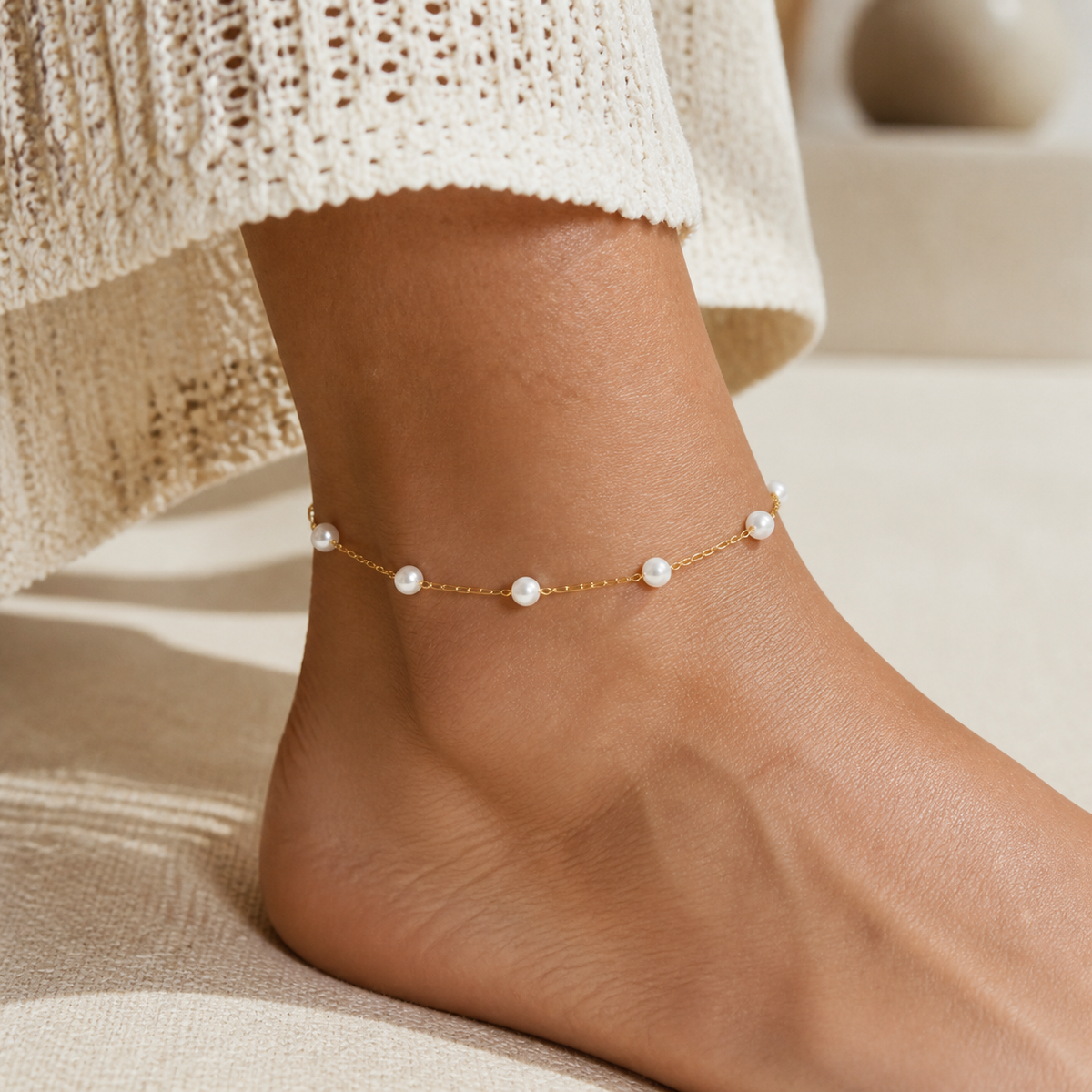Pearl Station Anklet — Waterproof Gold Anklet worn on model