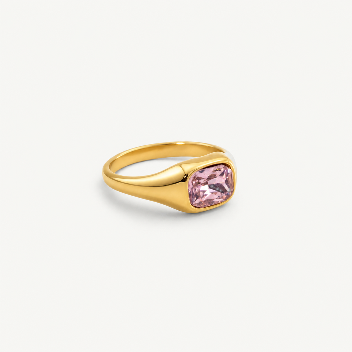 Pink Emerald Cut Ring - Waterproof Gold Dome Band