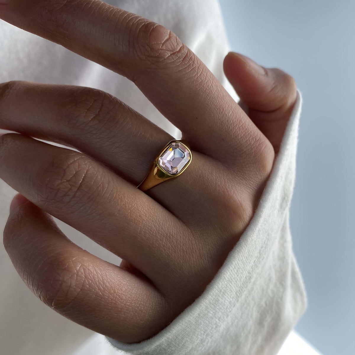 Pink Emerald Cut Ring, waterproof 18k gold-plated stainless steel