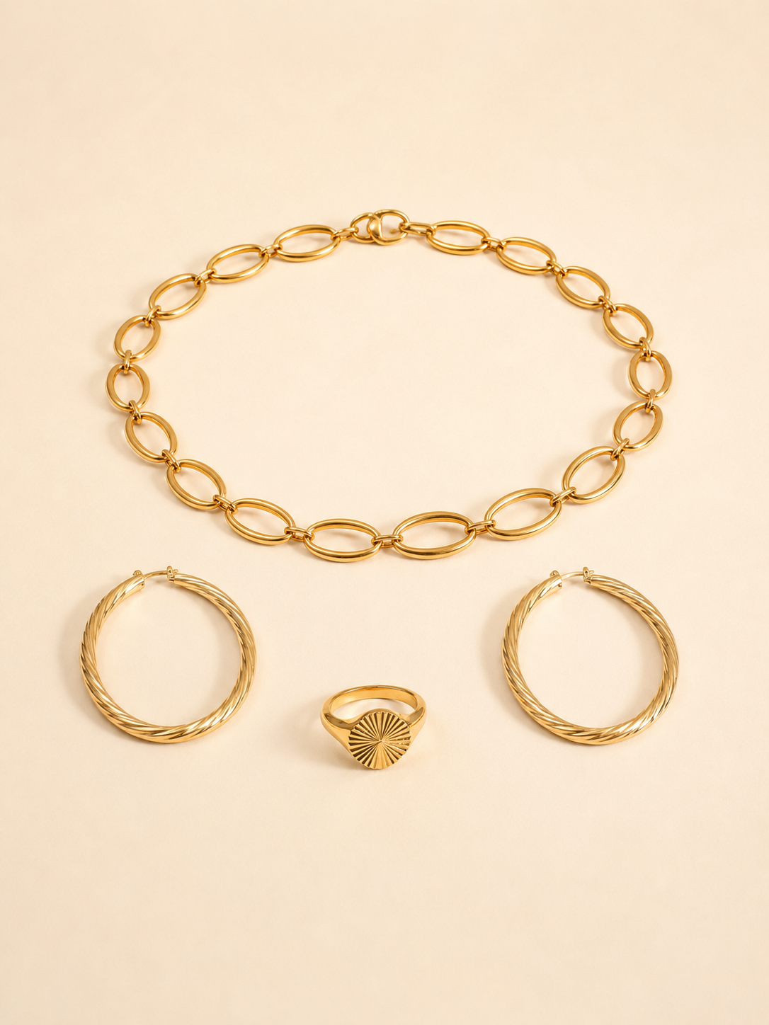 Quiet Command jewelry set — flat lay
