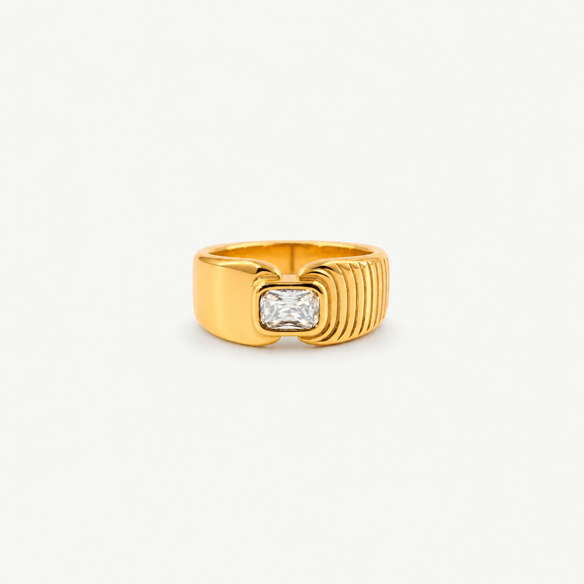 Waterproof Gold Signet Ring with Radiant Crystal