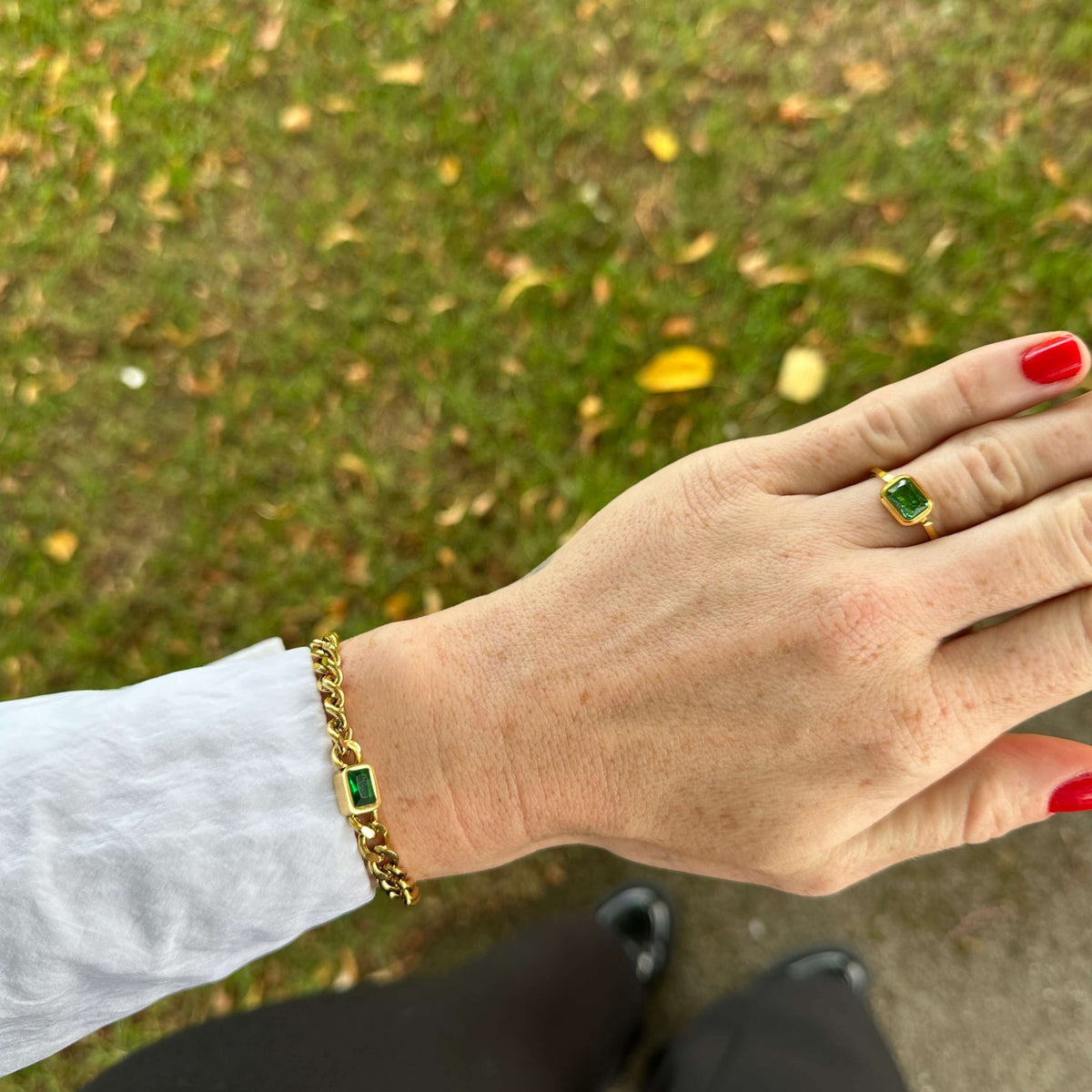 Emerald Gem Curb Chain Bracelet, waterproof 18k gold-plated stainless steel