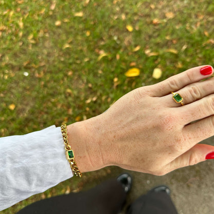 Emerald Gem Curb Chain Bracelet, waterproof 18k gold-plated stainless steel