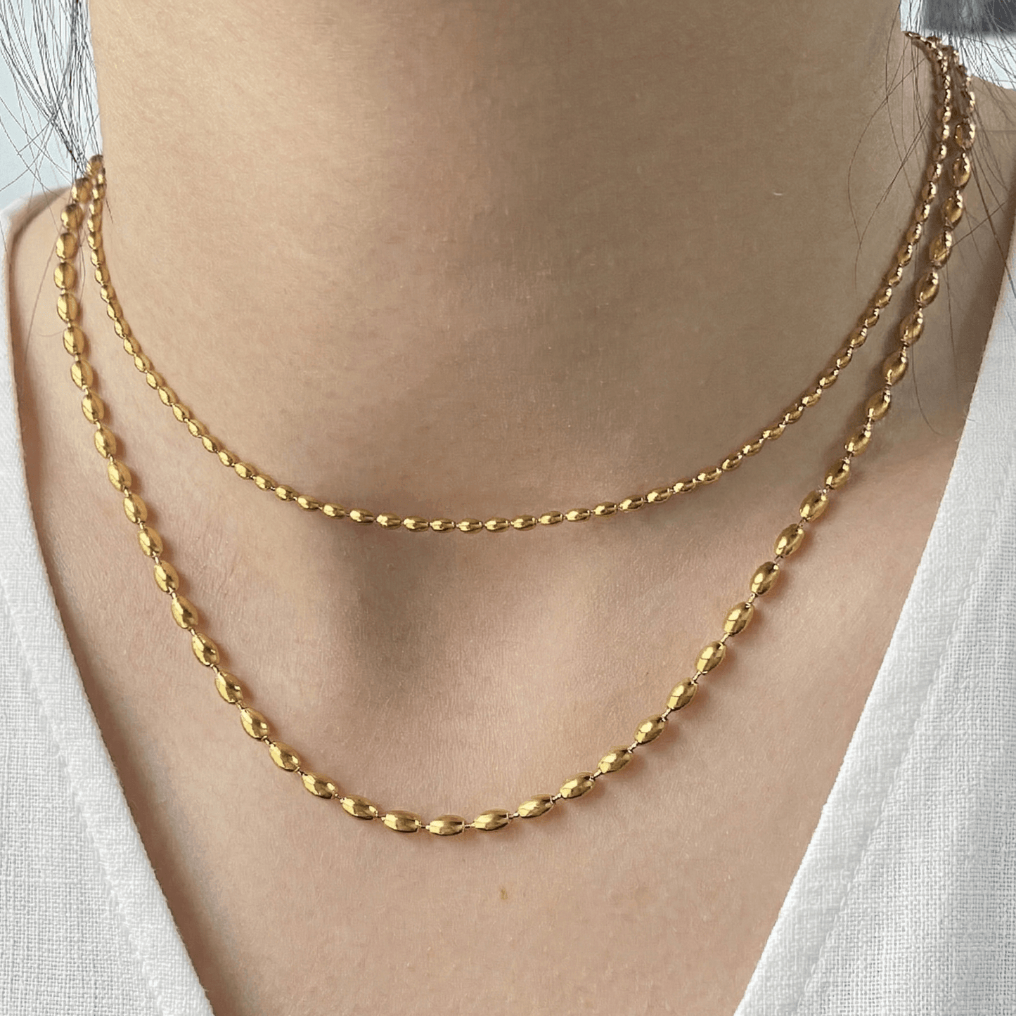 Meideya Waterproof Dainty Rice Bead Necklace, 18k gold-plated stainless steel