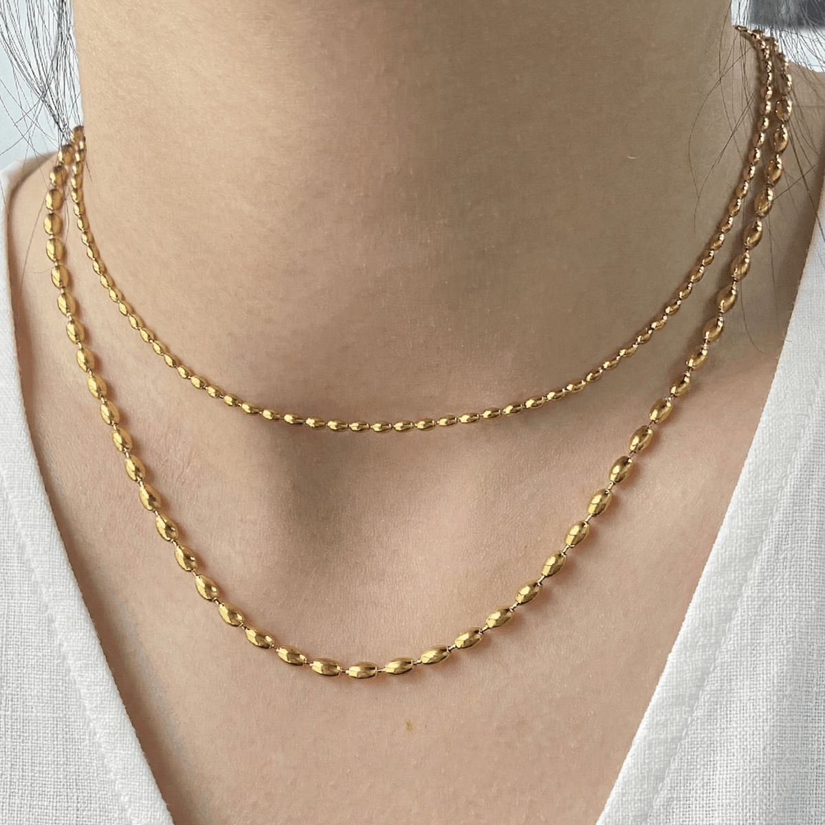 Waterproof Dainty Rice Bead Necklace, 18k gold-plated stainless steel