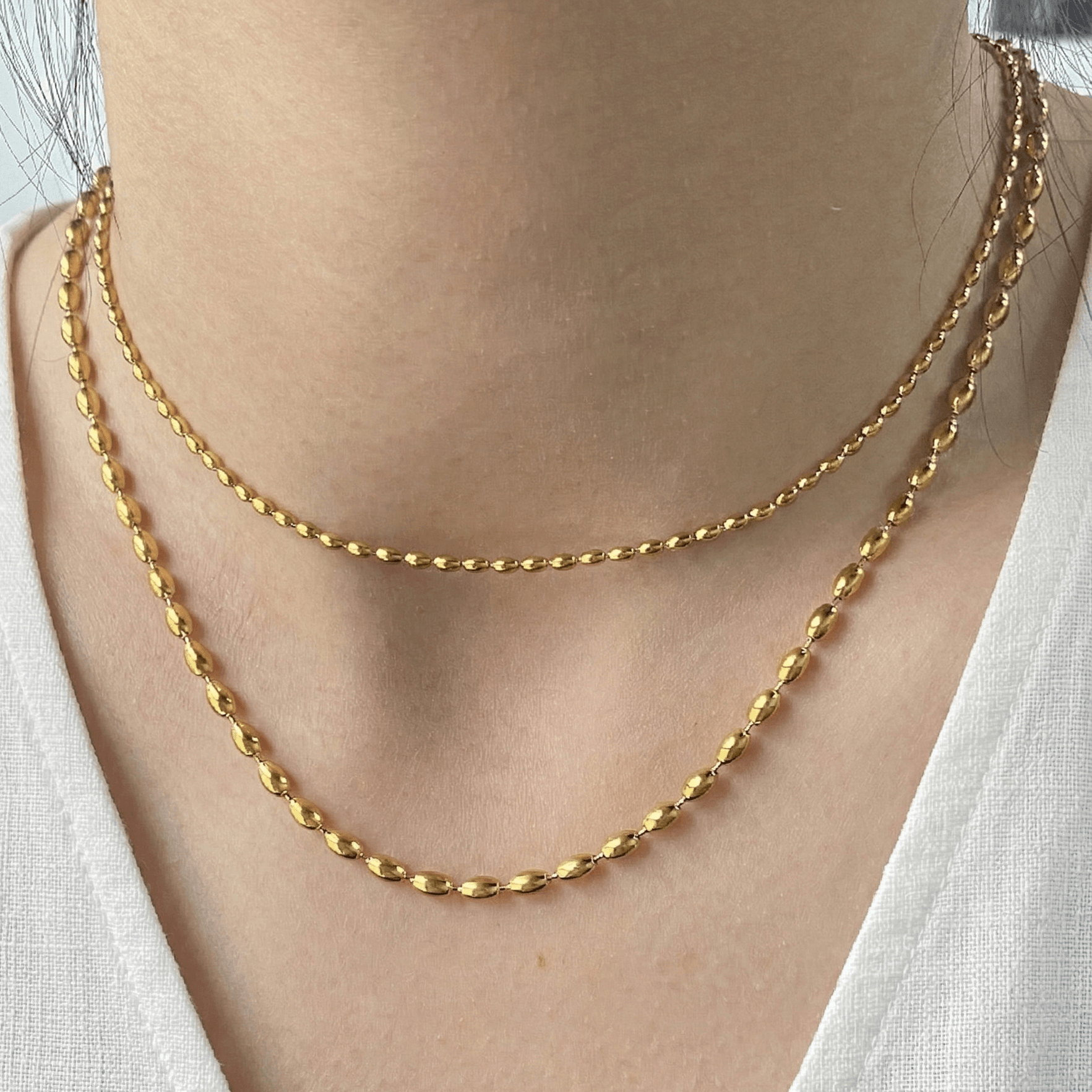 Waterproof 18k Gold Plated Rice Bead Necklace, 18k gold-plated stainless steel