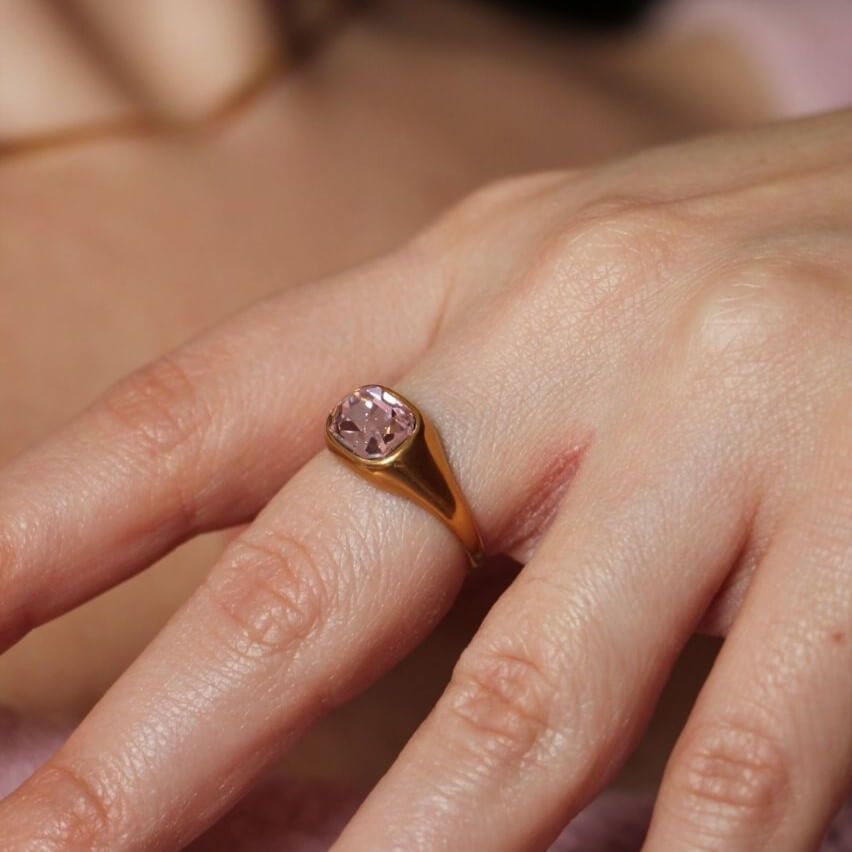 Pink Emerald Cut Ring, waterproof 18k gold-plated stainless steel