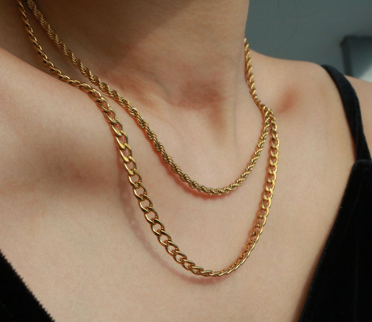 Layered rope chain necklace in 18k gold