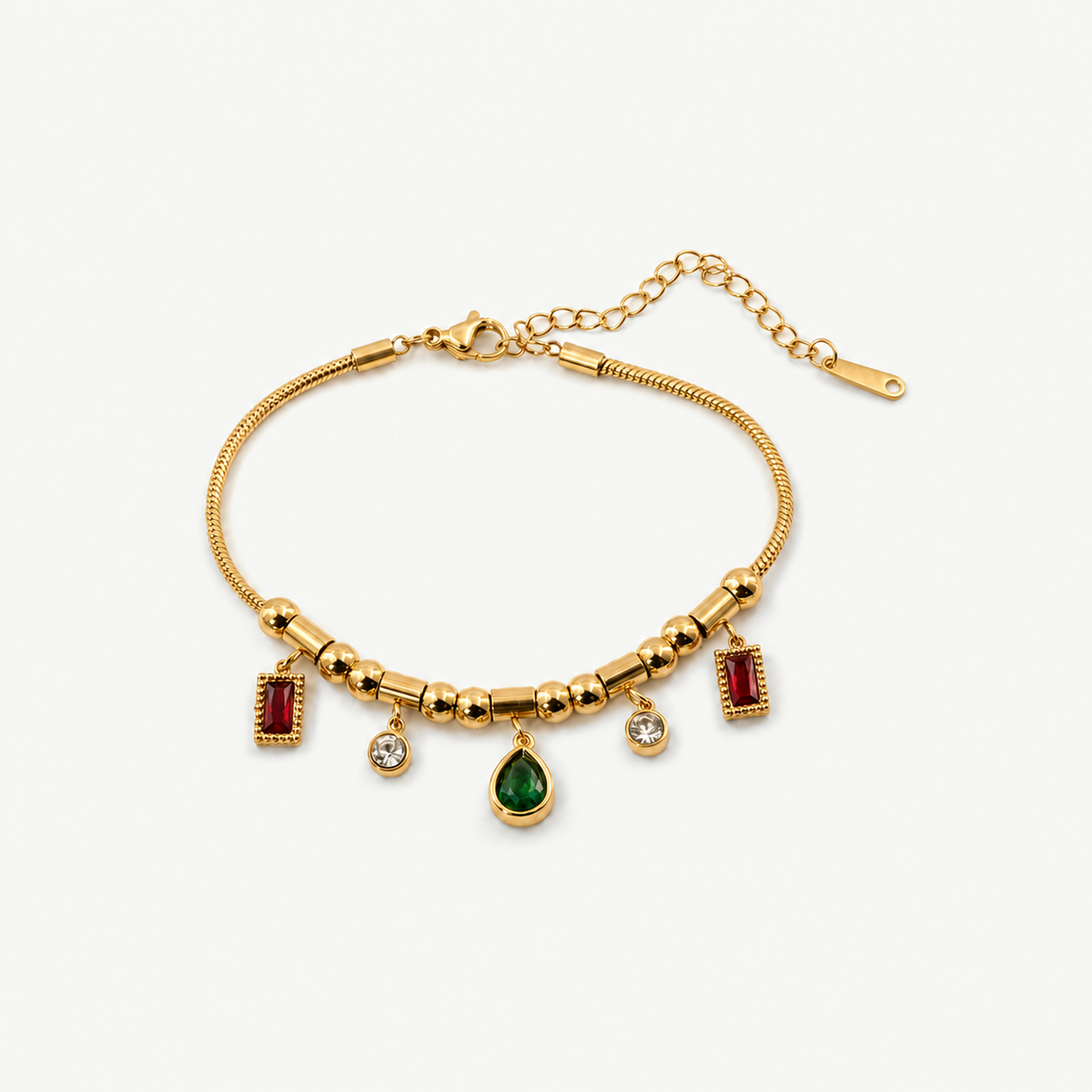 Ruby and Emerald Charm Bracelet - Waterproof 18k Gold Plated
