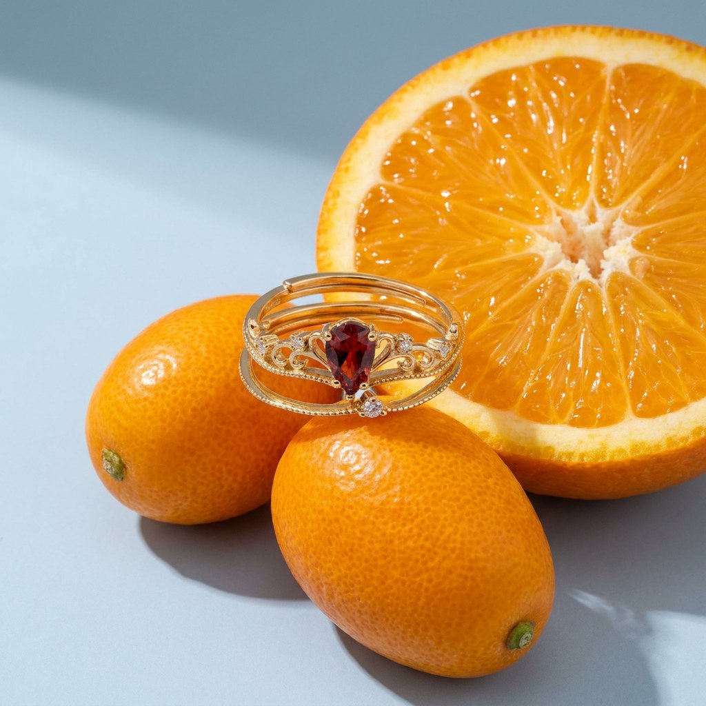 Ruby Crown Ring Set on a pale blue backdrop beside a halved orange and two kumquats