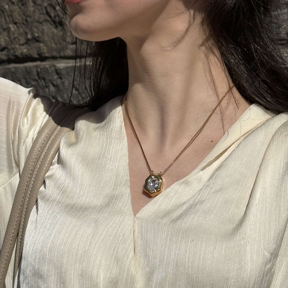 Waterproof CZ Pendant Necklace, 18k gold-plated stainless steel