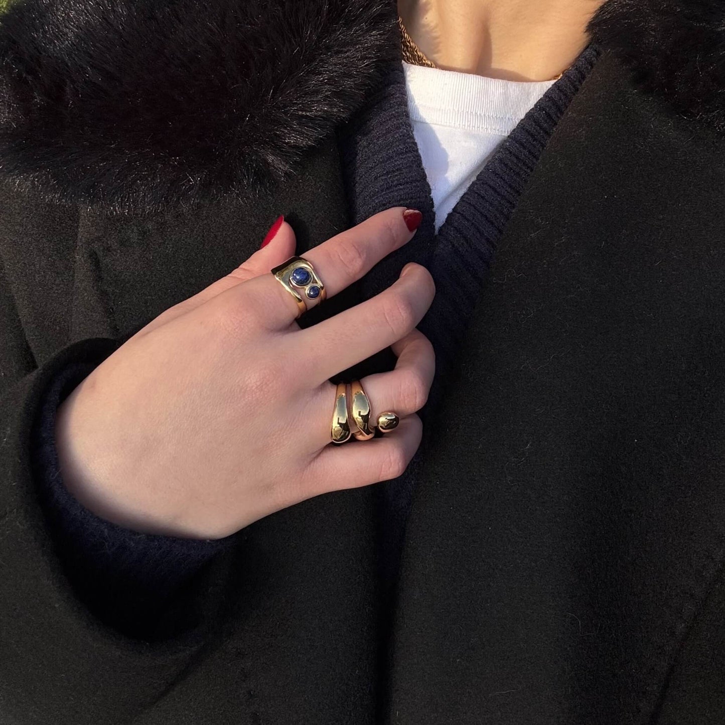 Waterproof Lapis Lazuli Cuff Ring, 18k gold-plated stainless steel