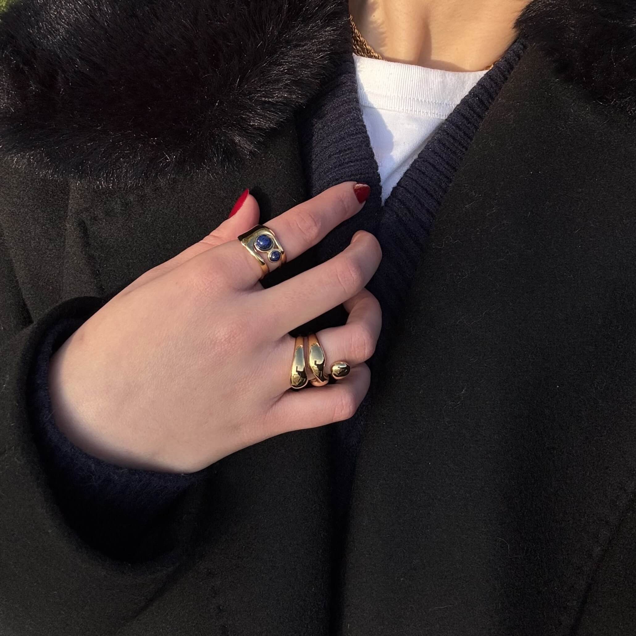 Waterproof Lapis Lazuli Cuff Ring, 18k gold-plated stainless steel
