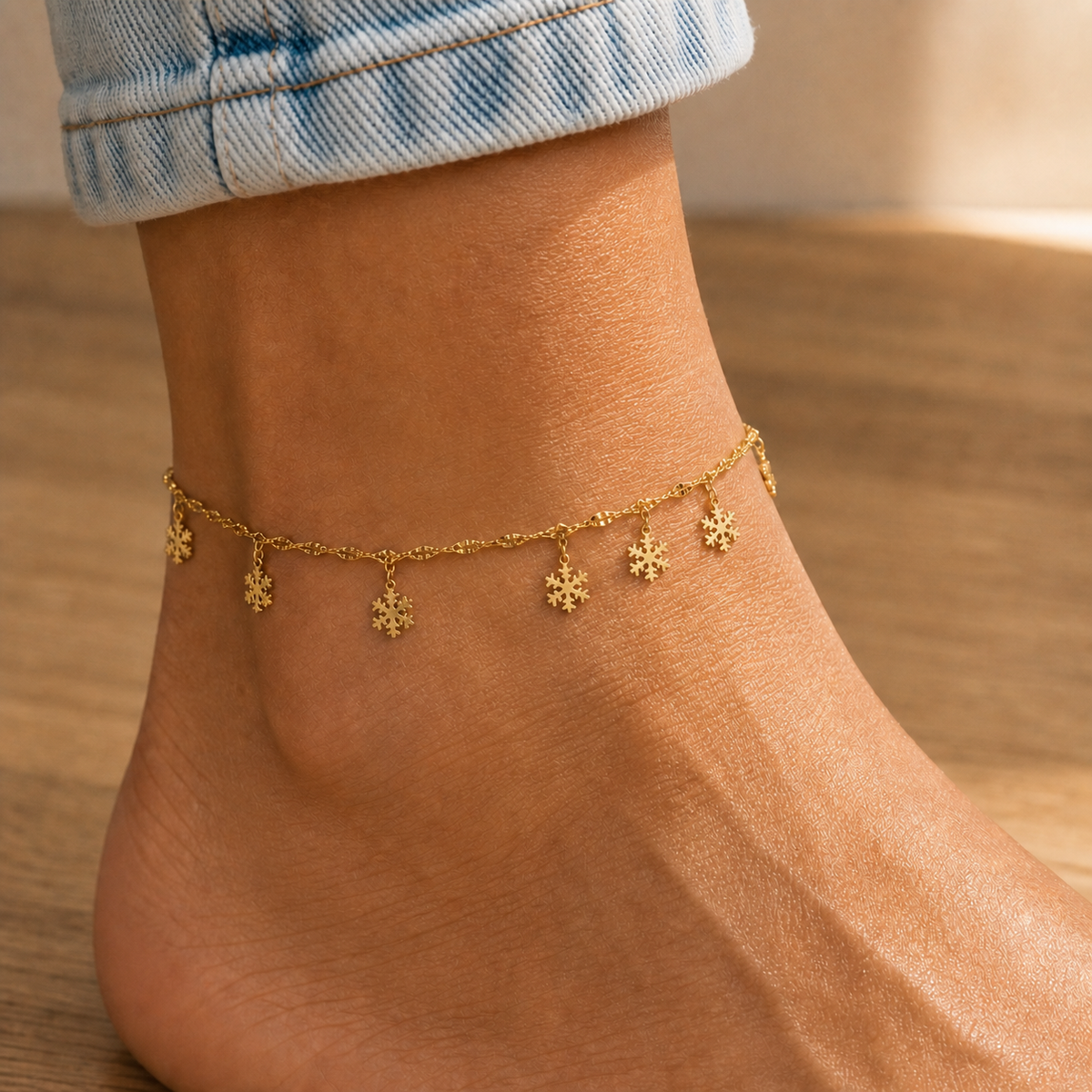 Snowflake Anklet – Waterproof Gold Charm worn on model