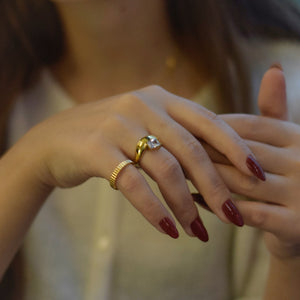 solitaire wave ring in stainless steel, gold waterproof jewelry for women
