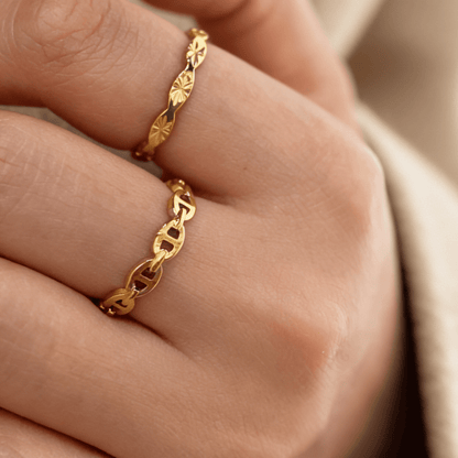 Carved Stackable Band Ring in Gold, waterproof 18k gold-plated stainless steel