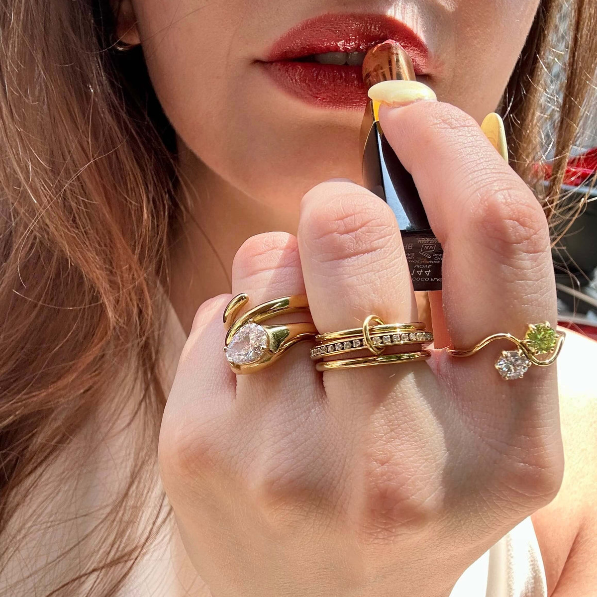 Waterproof Gold Stacking Ring with Zircon Stones, 18k gold-plated stainless steel