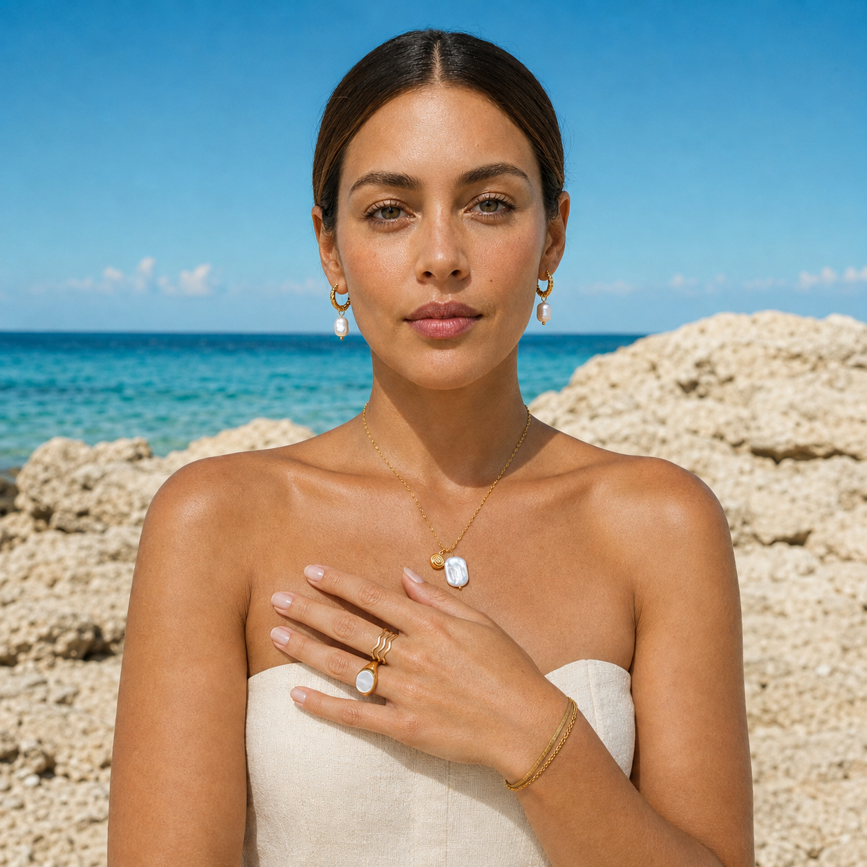 Woman on a rocky shore in a strapless cream top, wearing pearl-drop gold-tone hoops, a gold-tone chain with a pearl pendant, stacked wave and mother-of-pearl rings and thin gold-tone bracelets, with turquoise sea behind