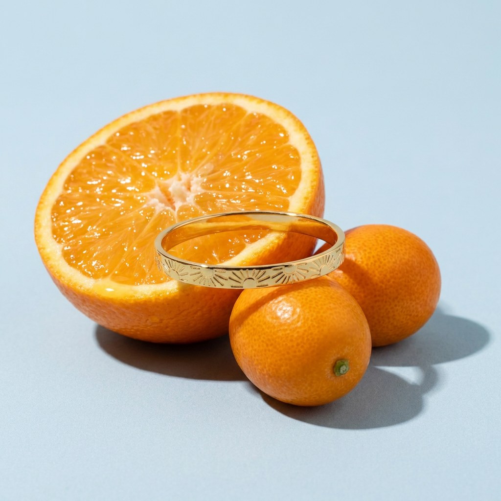 Sun Band Ring on a pale blue backdrop beside a halved orange and two kumquats