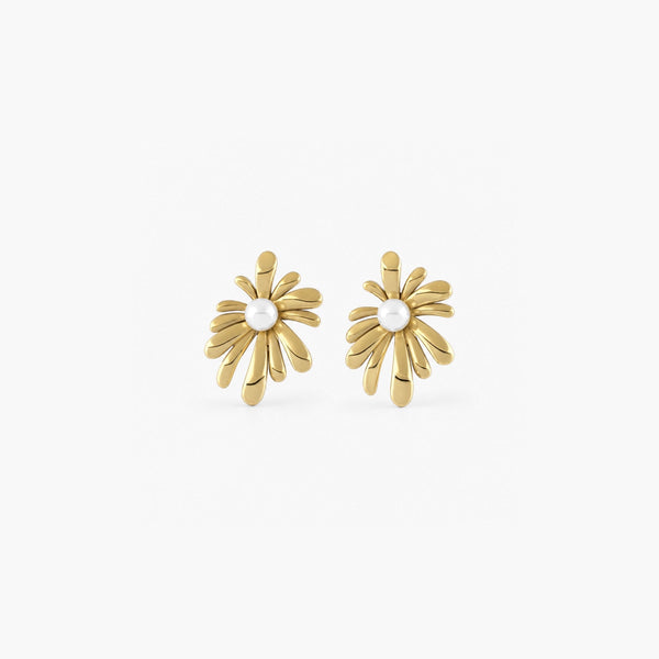 Sunburst Pearl Stud Earrings — Waterproof Gold