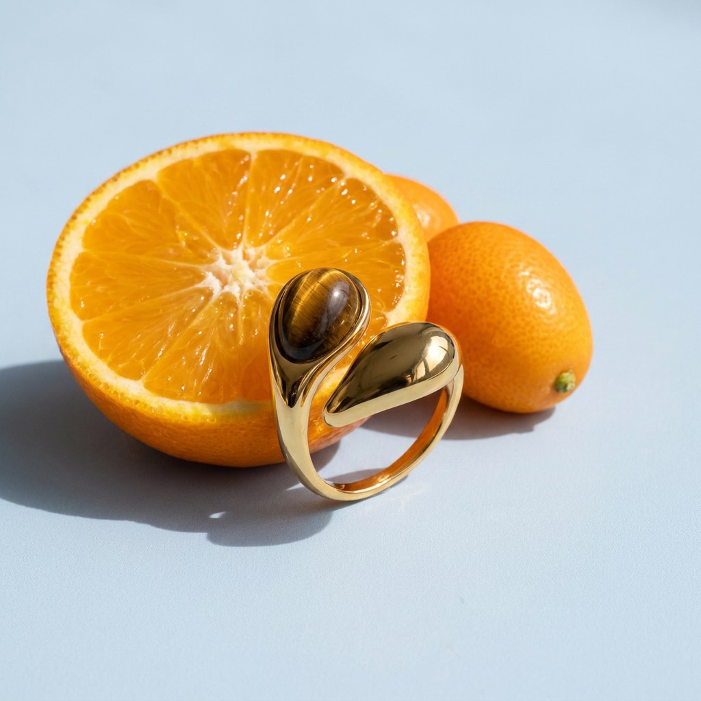 Tiger's Eye Bypass Ring on a pale blue backdrop beside a halved orange and two kumquats