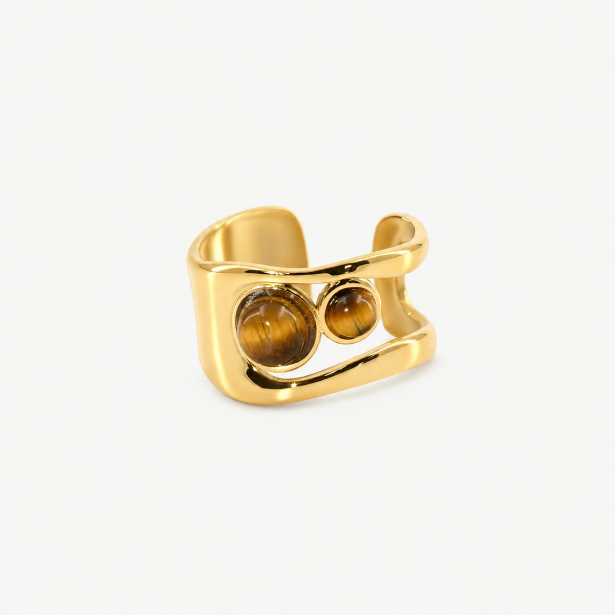 Hypoallergenic Tiger's Eye Cuff Ring - Waterproof 18k Gold