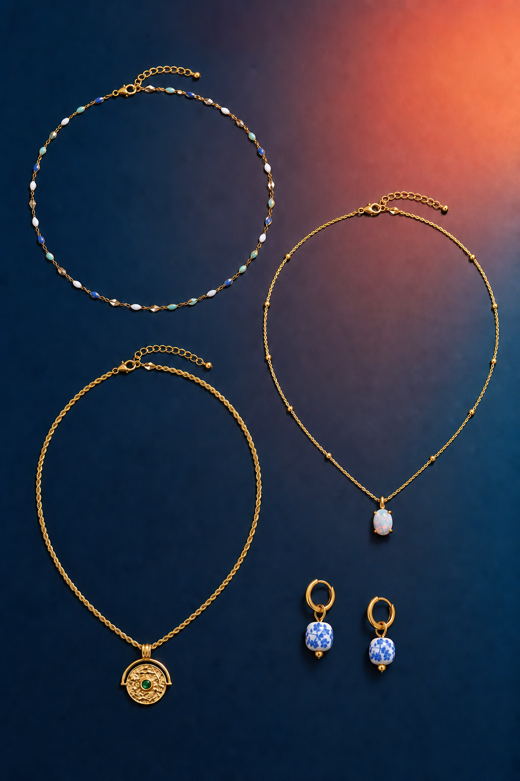 Trade Wind Layers jewelry set — flat lay