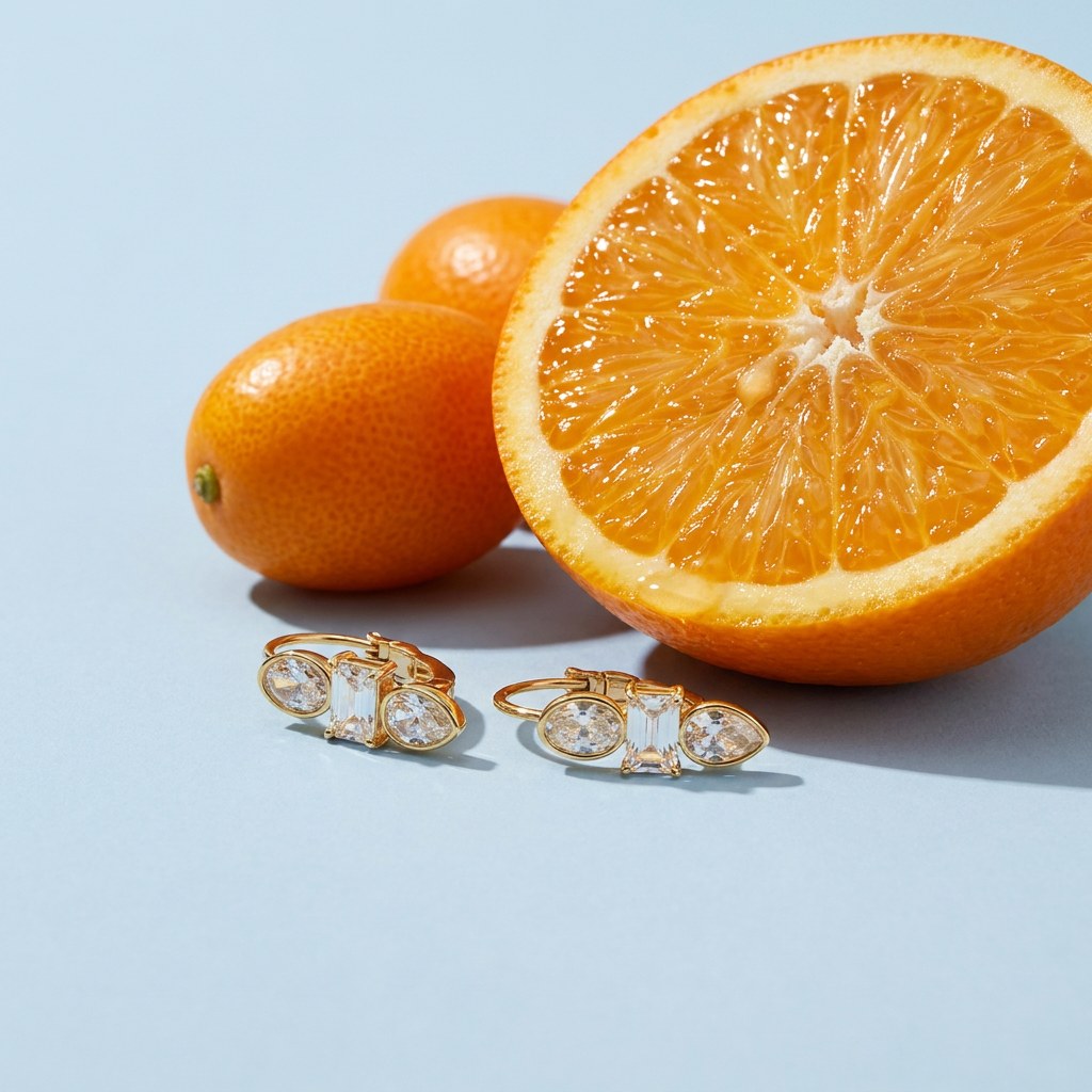 Trio Crystal Hoop Earrings on a pale blue backdrop beside a halved orange and two kumquats
