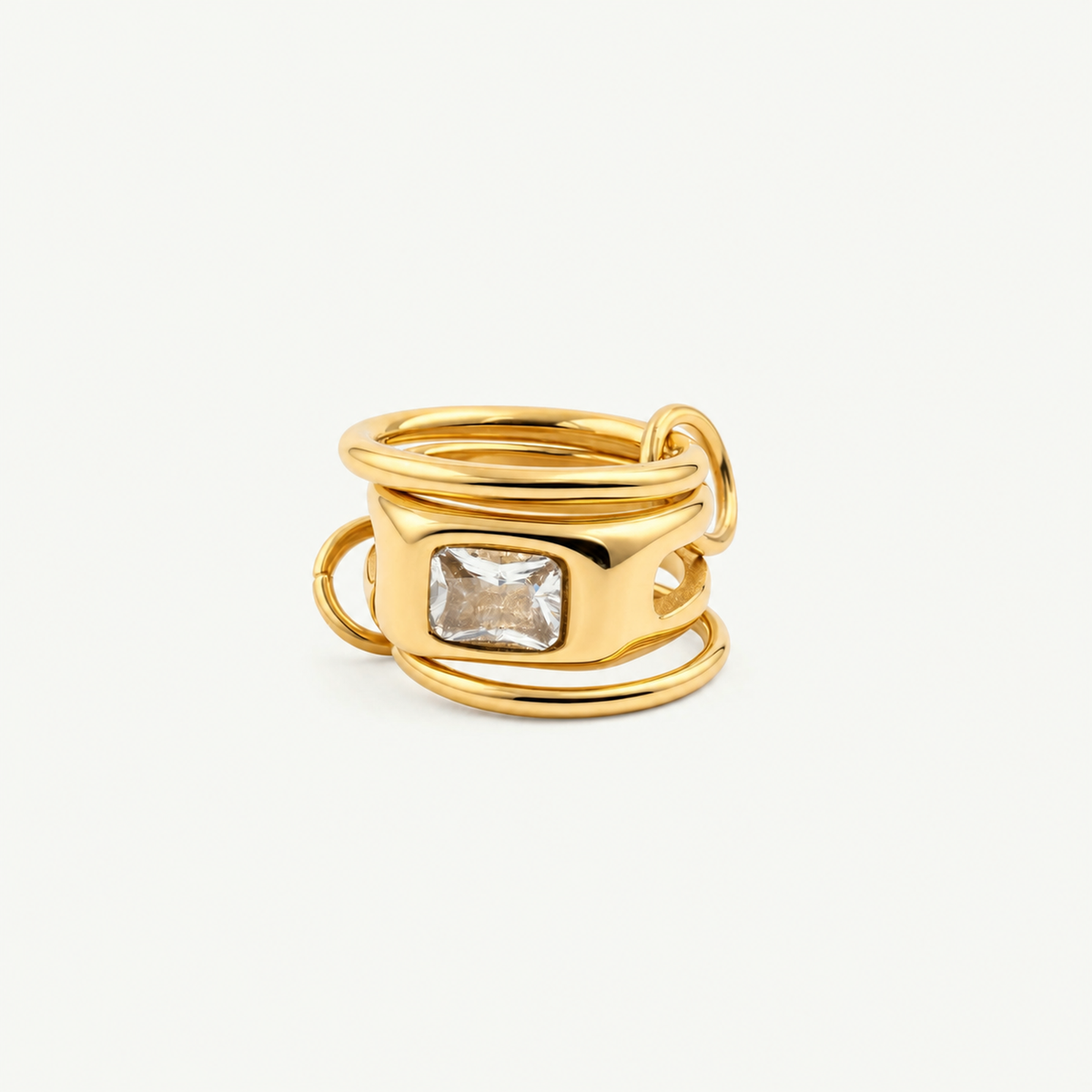 Triple Link Rectangle CZ Ring - 18k Gold Plated Stainless Steel