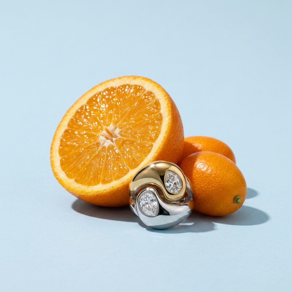 Two on a pale blue backdrop beside a halved orange and two kumquats
