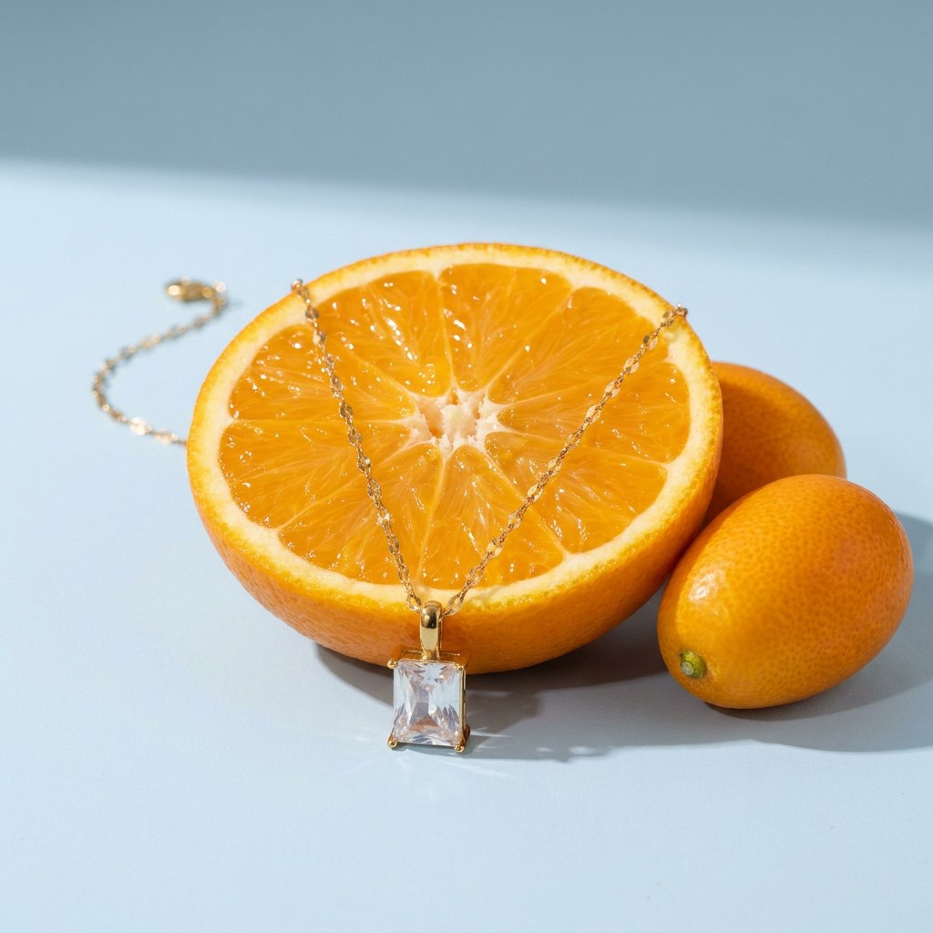 Pendant Necklace on a pale blue backdrop beside a halved orange and two kumquats