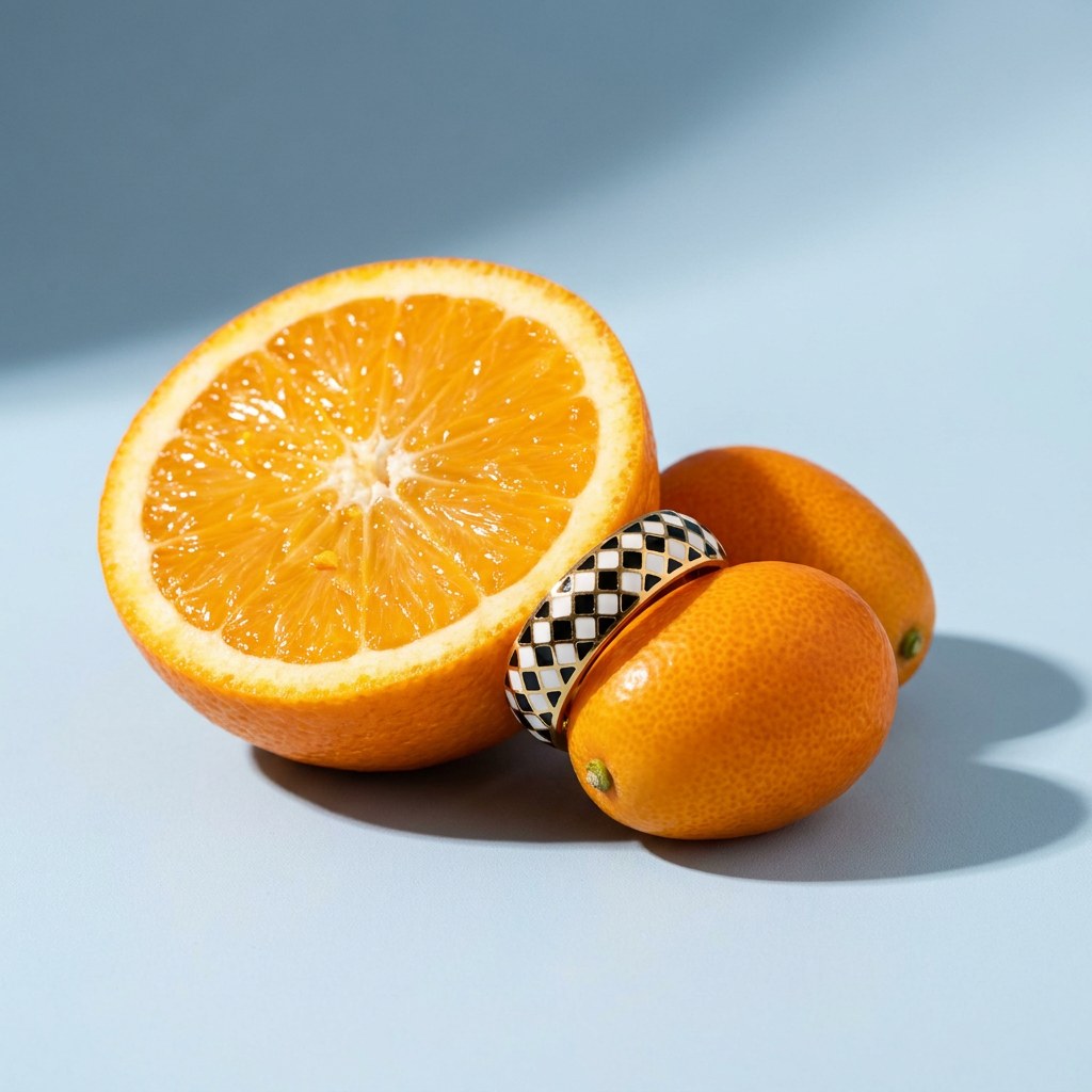 Check Band Ring on a pale blue backdrop beside a halved orange and two kumquats
