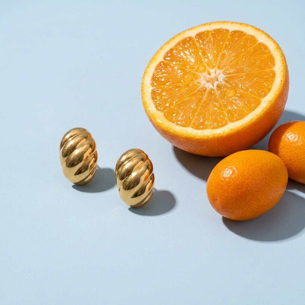 Waterproof Croissant Dome Stud Earrings on a pale blue backdrop beside a halved orange and two kumquats