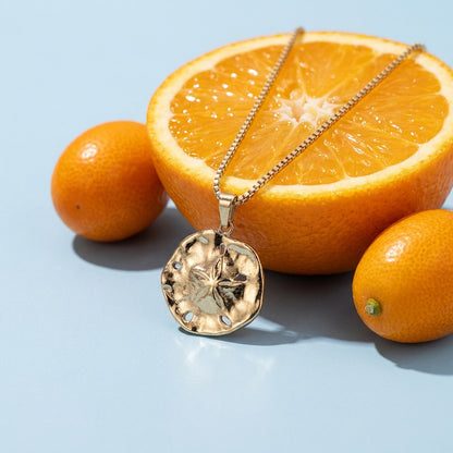 Flower Sand Dollar Necklace on a pale blue backdrop beside a halved orange and two kumquats