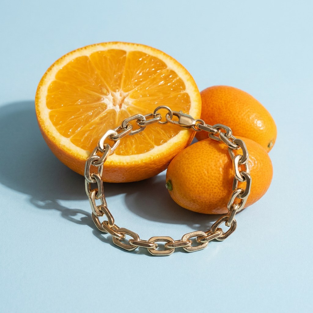 Gold Chain Bracelet on a pale blue backdrop beside a halved orange and two kumquats