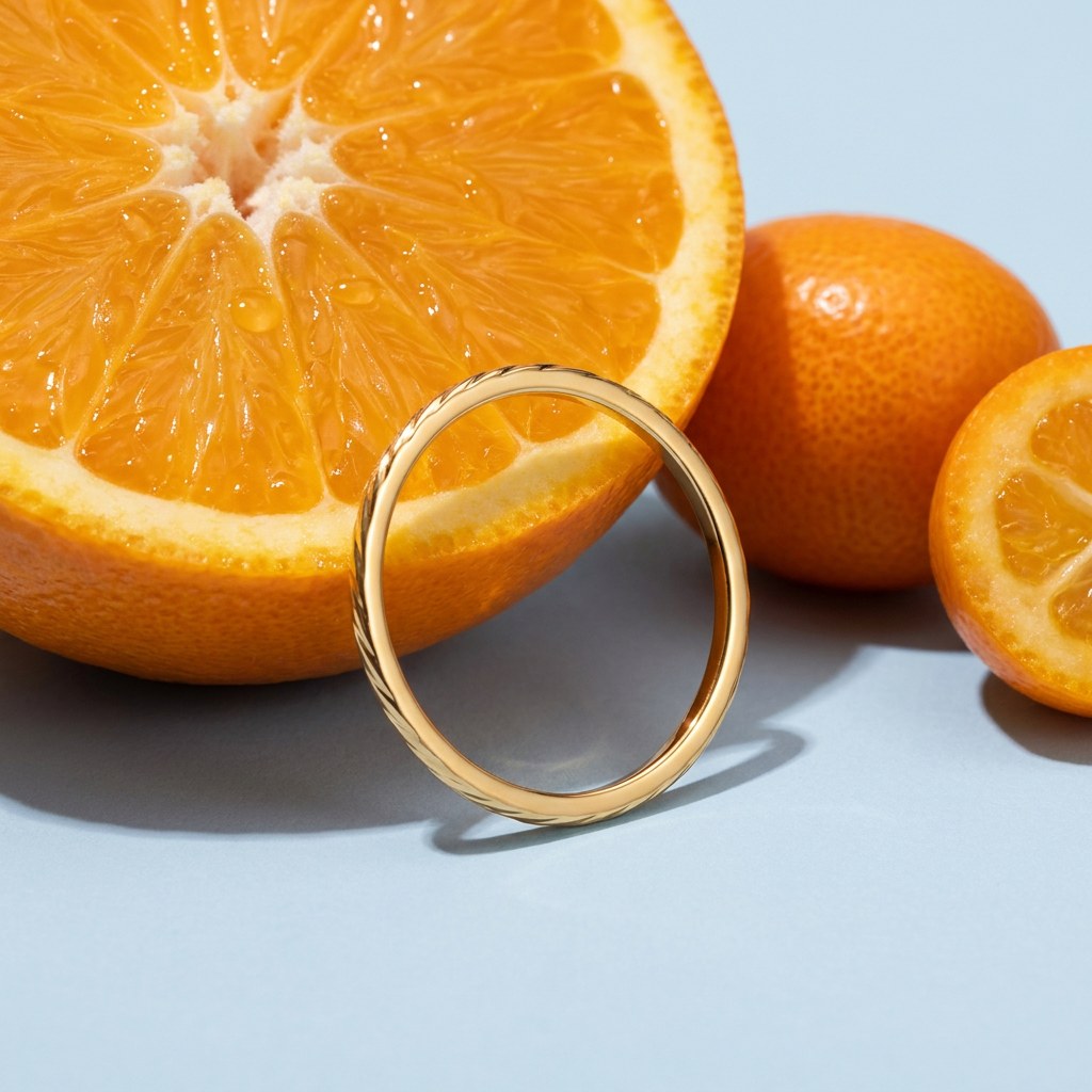 Herringbone Slim Band Ring on a pale blue backdrop beside a halved orange and two kumquats