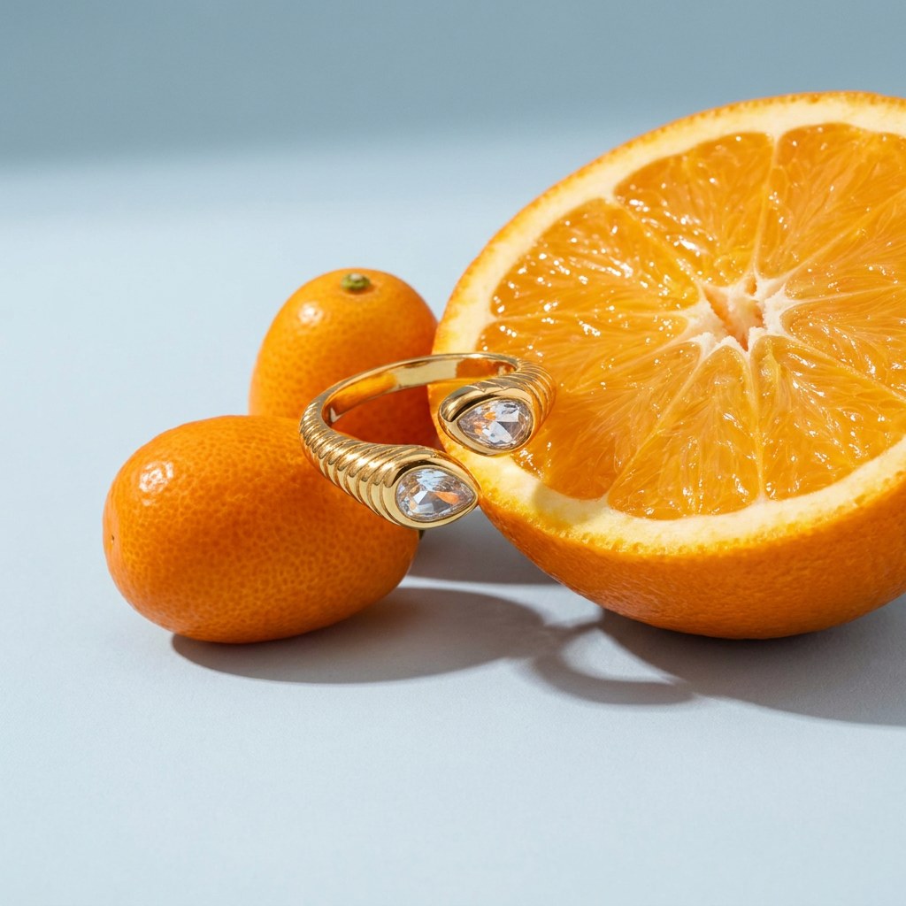 Spiral Bypass Ring on a pale blue backdrop beside a halved orange and two kumquats