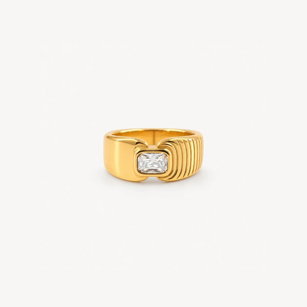 Waterproof Gold Signet Ring with Radiant Crystal