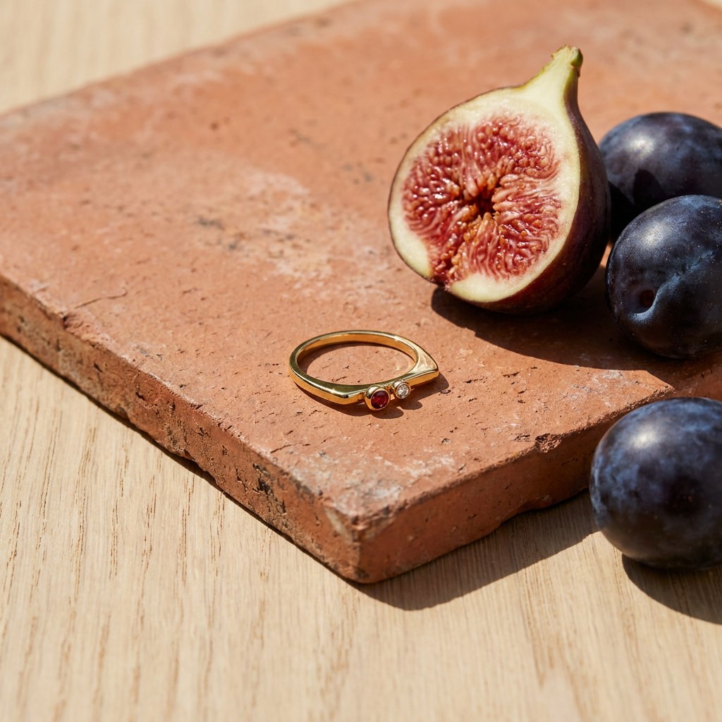 Ruby Stacking Ring on a weathered terracotta tile with a cut fig and dark plums