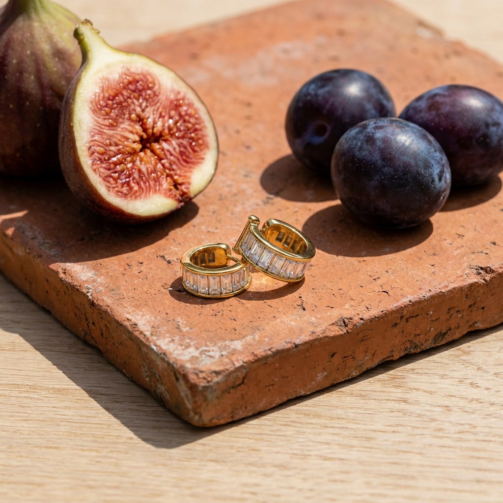 White Baguette Ear Cuff on a weathered terracotta tile with a cut fig and dark plums