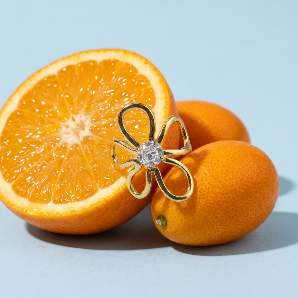 Wildflower CZ Ring on a pale blue backdrop beside a halved orange and two kumquats