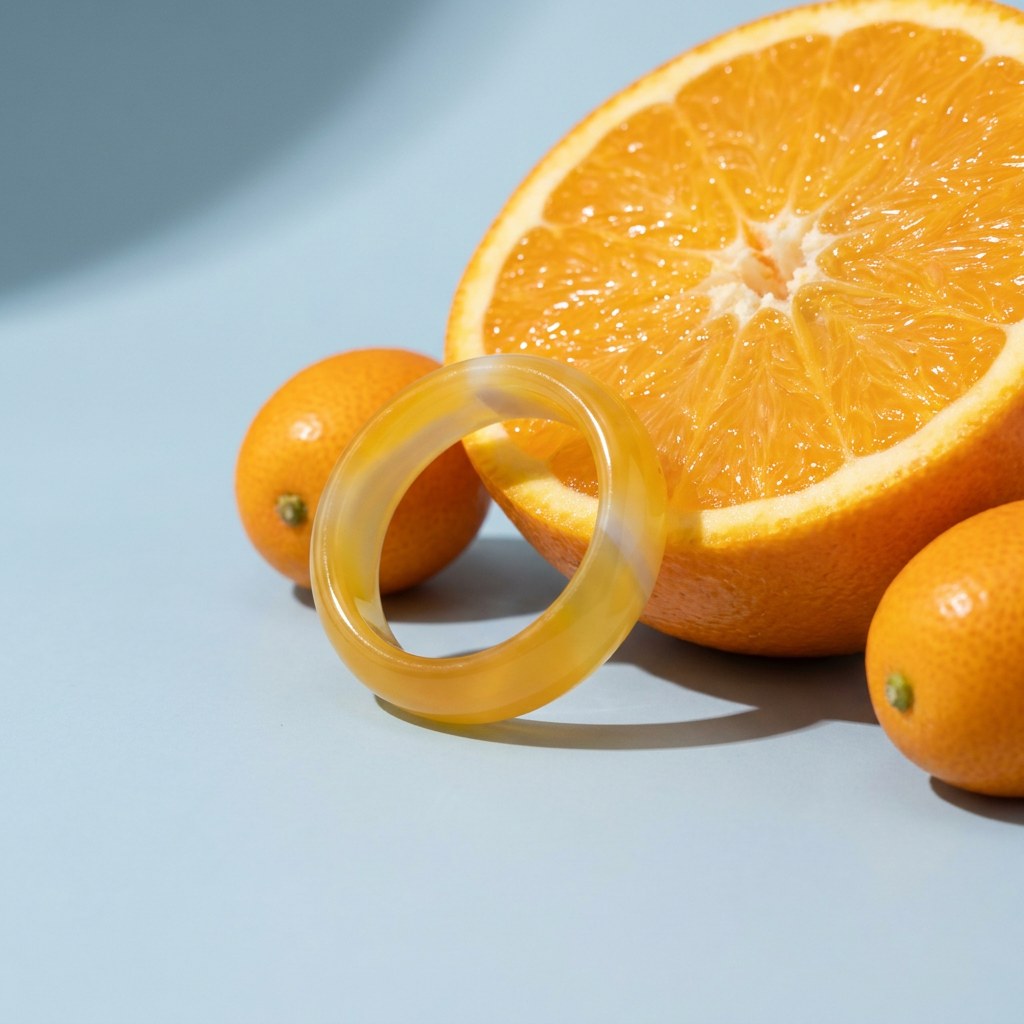 Yellow Jade Band Ring on a pale blue backdrop beside a halved orange and two kumquats