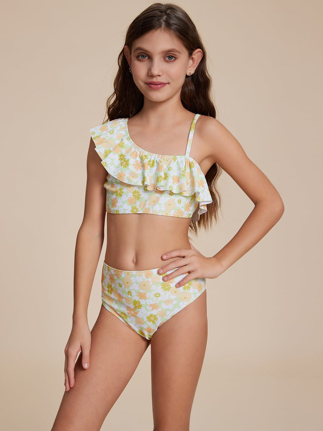 Yellow Ruffled One - Shoulder Bikini - Stylr