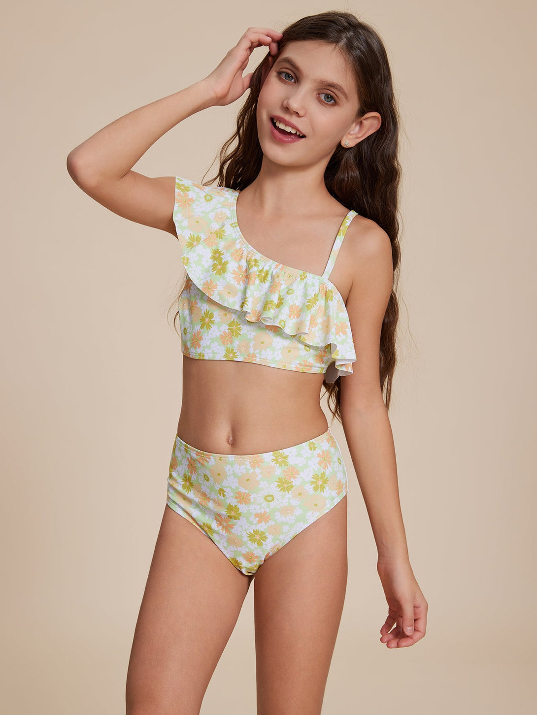 Yellow Ruffled One - Shoulder Bikini - Stylr