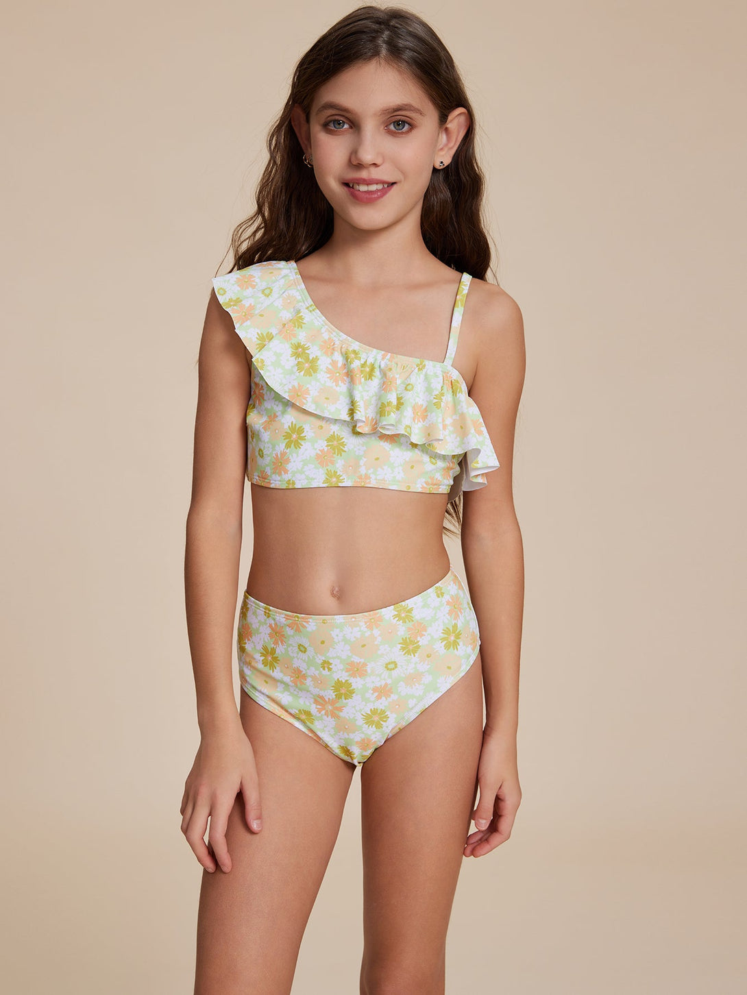 Yellow Ruffled One - Shoulder Bikini - Stylr