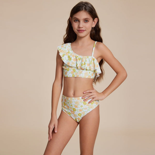 Yellow Ruffled One - Shoulder Bikini - Stylr