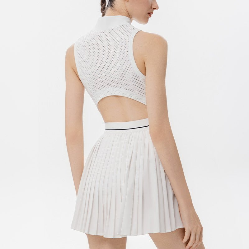 ZipFront PleatedDress AntiSlip MidWeight Black White S5T40 - Stylr