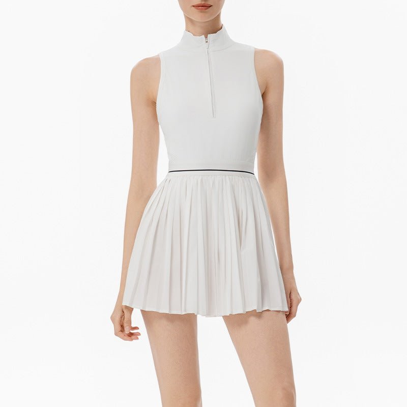 ZipFront PleatedDress AntiSlip MidWeight Black White S5T40 - Stylr